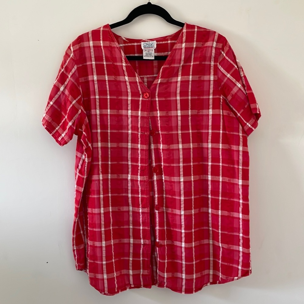 Red plaid checker button up blouse - women’s vintage top